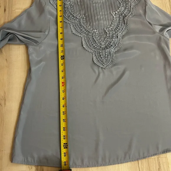Victorian Style Sz 12Prairie Blouse Gray Lace Yoke High Neck Long Sleeve - Picture 5 of 15